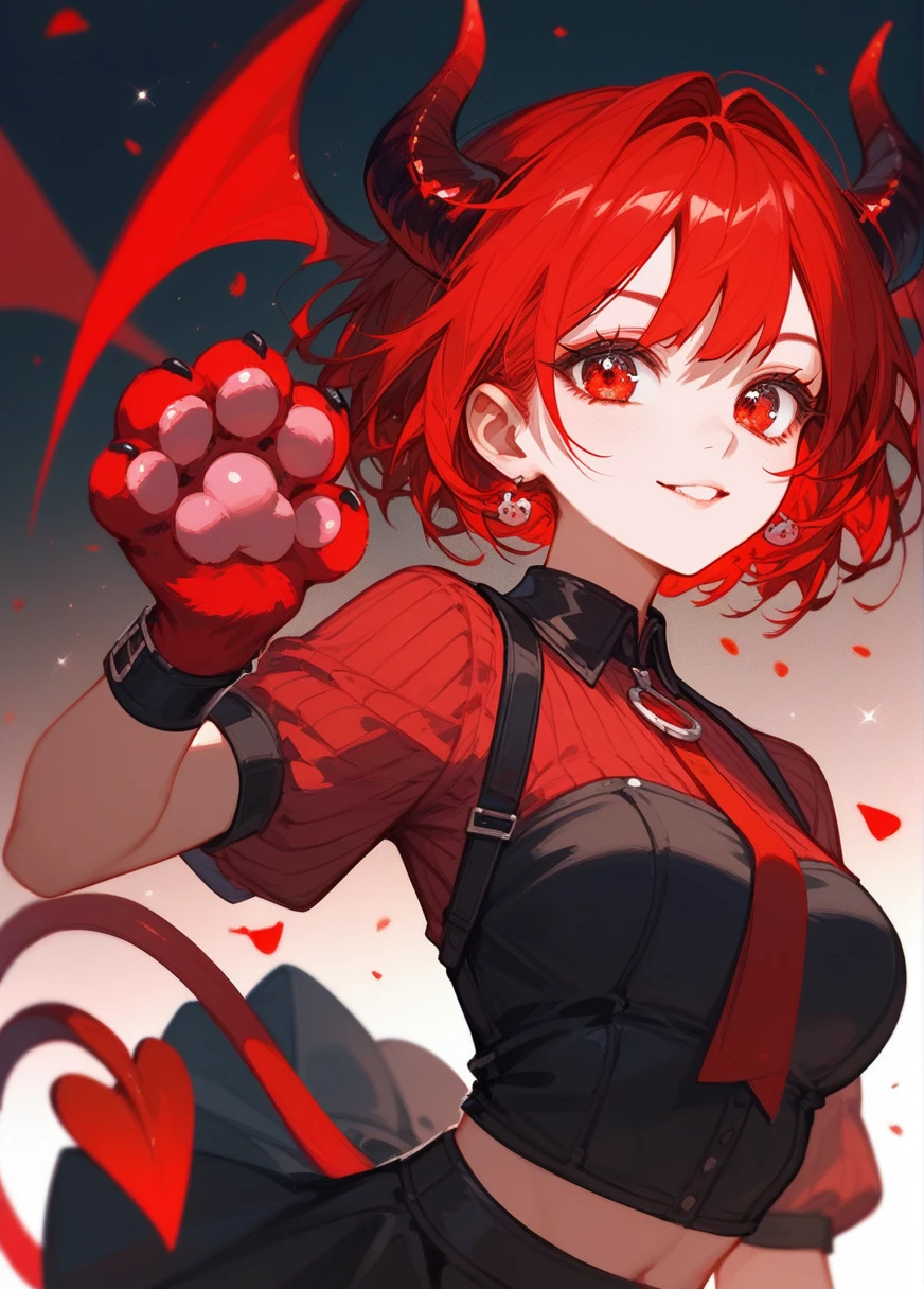 (Fraction_9,Fraction_8_Direction_7_up),1 Girl,Devil Girl,Red hair,Red Eyes,wing,paw,Black skirt,beautiful_Face,