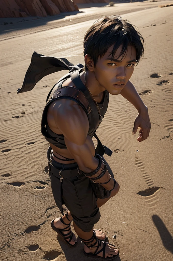 young man, not so high,Little Muscle, slightly dark skin, Desert scenery, light outfits, fighter, struggling pose, wearing spartan sandals
