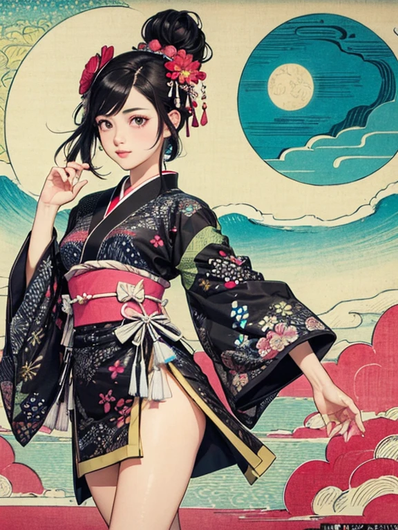 (masterpiece, Highest quality,High resolution, Official Art), (One girl), Bright and vivid color patterns in Japanese clothing、Black hair in a Japanese round topknot,Traditional Japanese patterned fabric, (Dynamic movements),(Shiny skin),  ( Ukiyo-e background,moon,flower,cloud )