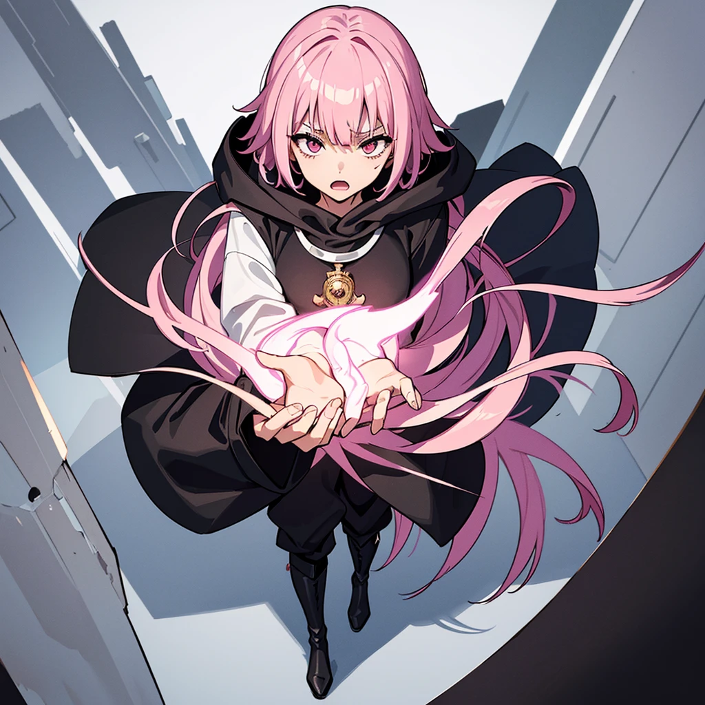 (Full body character concept、detailed character design)、(((Wearing a black hood)))、Best illustrations、Best Quality、(23 years old)、(The same face:1.1),Medieval Fantasy、Magic wand,(White Background)、(Pink Hair、Very Short Hair、Align your bangs)、(((Long sleeve、Black Robe、pants、Knee-high boots)))、Get Ready、(get annoyed、anxiety、fear、Open your mouth)、(From above at an angle)