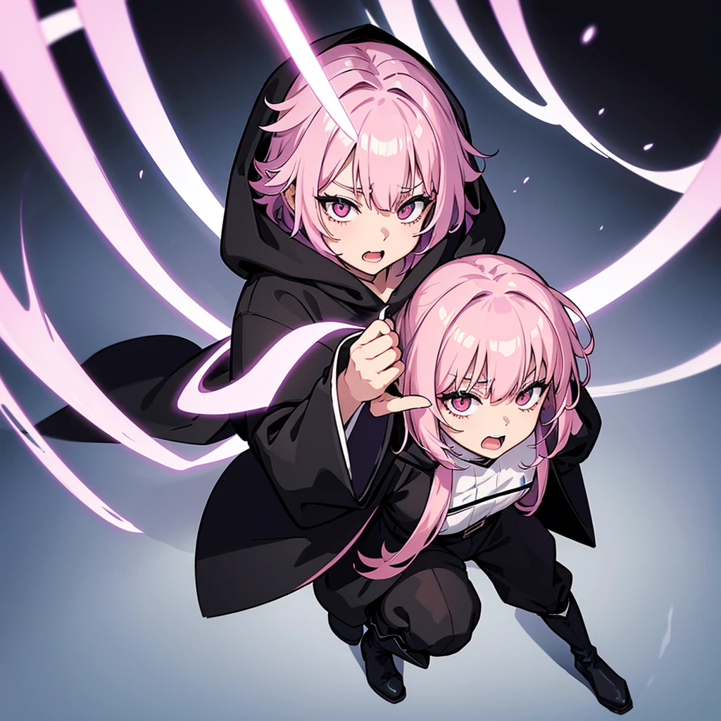 (Full body character concept、detailed character design)、(((Wearing a black hood)))、Best illustrations、Best Quality、(23 years old)、(The same face:1.1),Medieval Fantasy、Magic wand,(White Background)、(Pink Hair、Very Short Hair、Align your bangs)、(((Long sleeve、Black Robe、pants、Knee-high boots)))、Get Ready、(get annoyed、anxiety、fear、Open your mouth)、(From above at an angle)