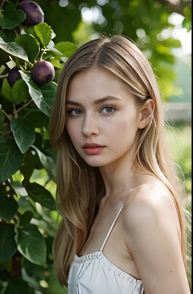 Russian girl, 18 age old, (Blond hair, middle hair , wince, Gray eyes, beautiful lip, serious)Standing by the fig tree, in garden ,The figs are ripe、Fig leaves are lush