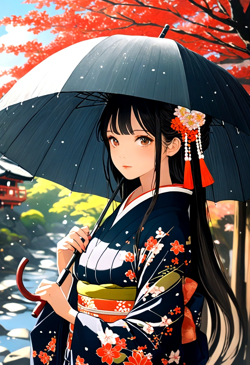 beautiful girl, with umbrella, long hair, modern Japanese ,