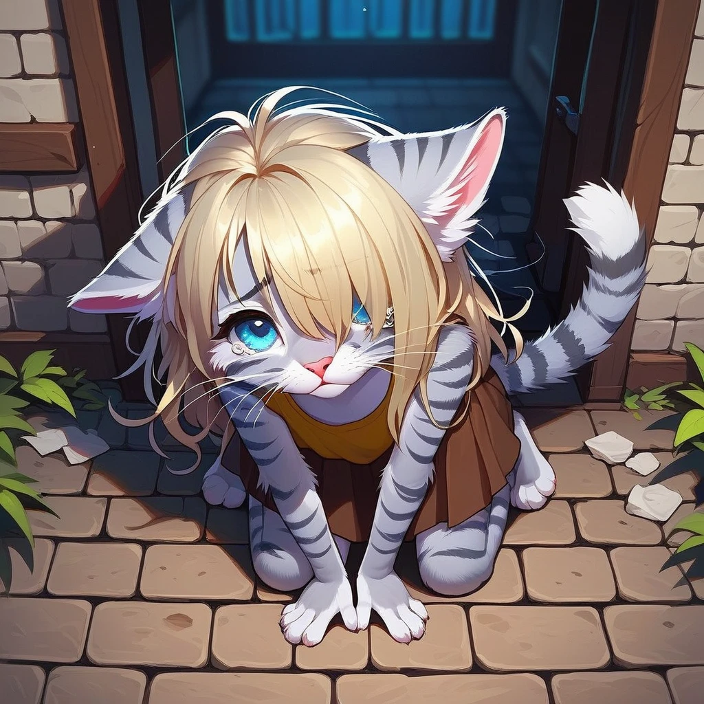 Solo, score_9,score_8_up,score_7_up, source_cartoon, kat, Anthro furry feline, female, short slender body, long blonde hair, long messy hair, hair covering one eye, pink nose, blue eyes, white whiskers, silver fur, grey stripes, furry body, short, young, about 8 years old, wearing ruffled blue blouse, brown skirt, kneeling, sad, tearing up, pov, looking up, in a destroyed village, full body shot, barefoot, feet paws,