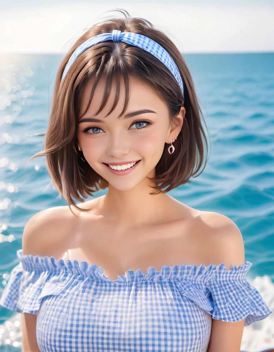 A young woman with short, dark brown hair styled in a bob cut, wearing a blue and white checkered headband. She has a cheerful expression with bright, smiling eyes and a wide, happy smile. Her outfit is a blue and white gingham off-the-shoulder short dress with ruffles along the neckline and shoulders, and a silver star-shaped necklace and matching star earrings. The background features a serene ocean scene with gentle waves and a clear blue sky. The lighting is bright and natural, giving the image a vibrant, summery feel. distant full body view, ultra realistic photo, vibrant colors, 16k