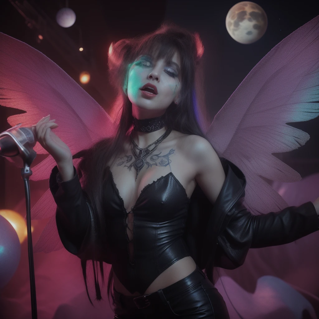 “Mumta, with iridescent wings that shimmer like stardust, prowls the neon-lit stages of distant planets. Her voice, a haunting blend of melancholy and rebellion, echoes through asteroid-filled arenas. Dressed in tattered leather and adorned with cosmic tattoos, she belts out lyrics that speak of love lost across galaxies. Fangs peek out from her crimson lips as she croons, captivating both mortals and extraterrestrials alike.” 🌟🎤🌌
