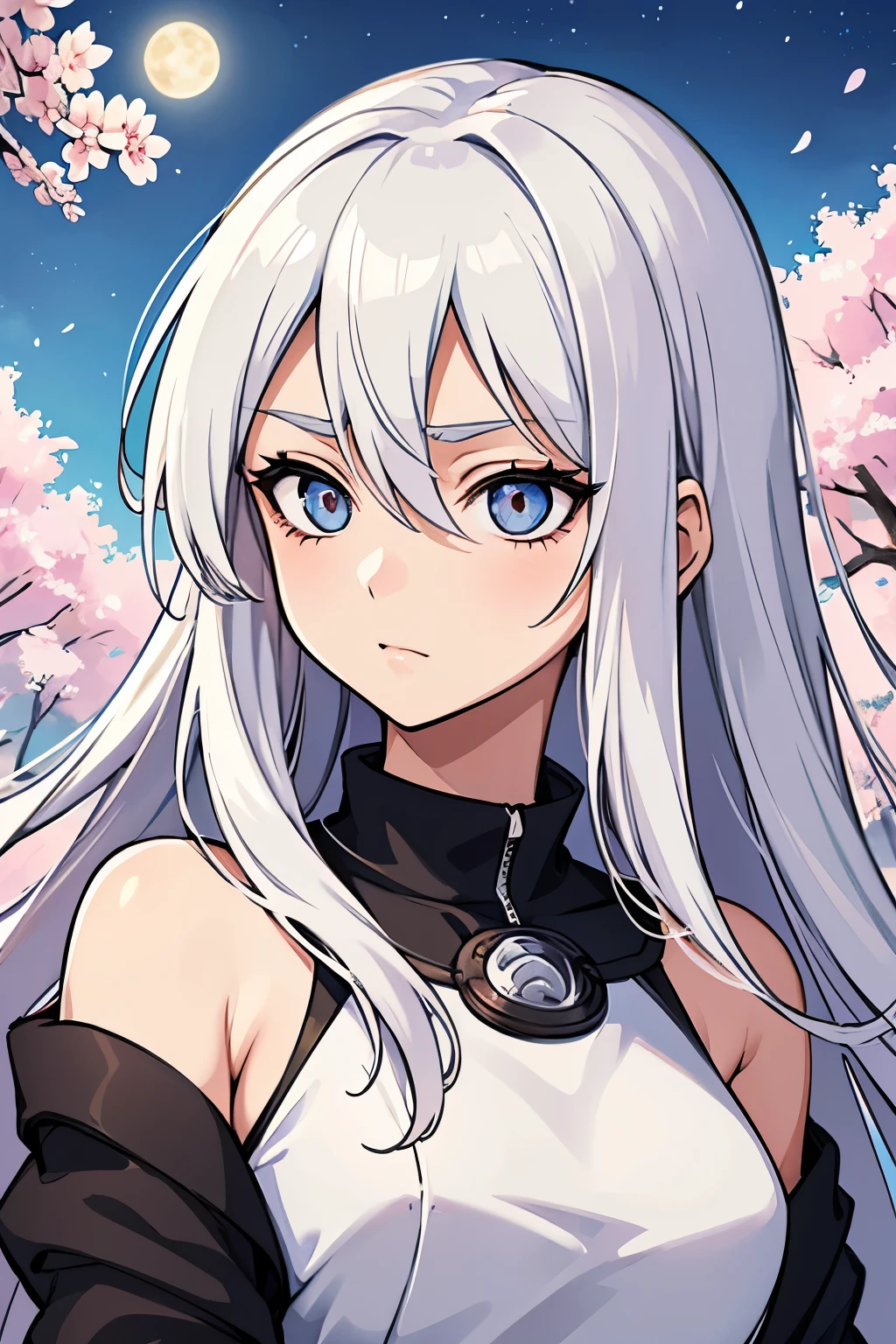 (high-quality, breathtaking),(expressive eyes, perfect face) portrait, Symmetrical Eyes, 1girl, solo, short height, white hair, white coloured eyes, anime naruto art style, long hair, fluffy hair, feminine face, sky background, moon, open field background, stars, cherry blossom trees, hyuga, Ōtsutsuki, naruto ninja attire, neutral expression, soft smile, purple and black clothing, white trim, long sleeves, white dress, hair between eyes, bare shoulders, jacket,