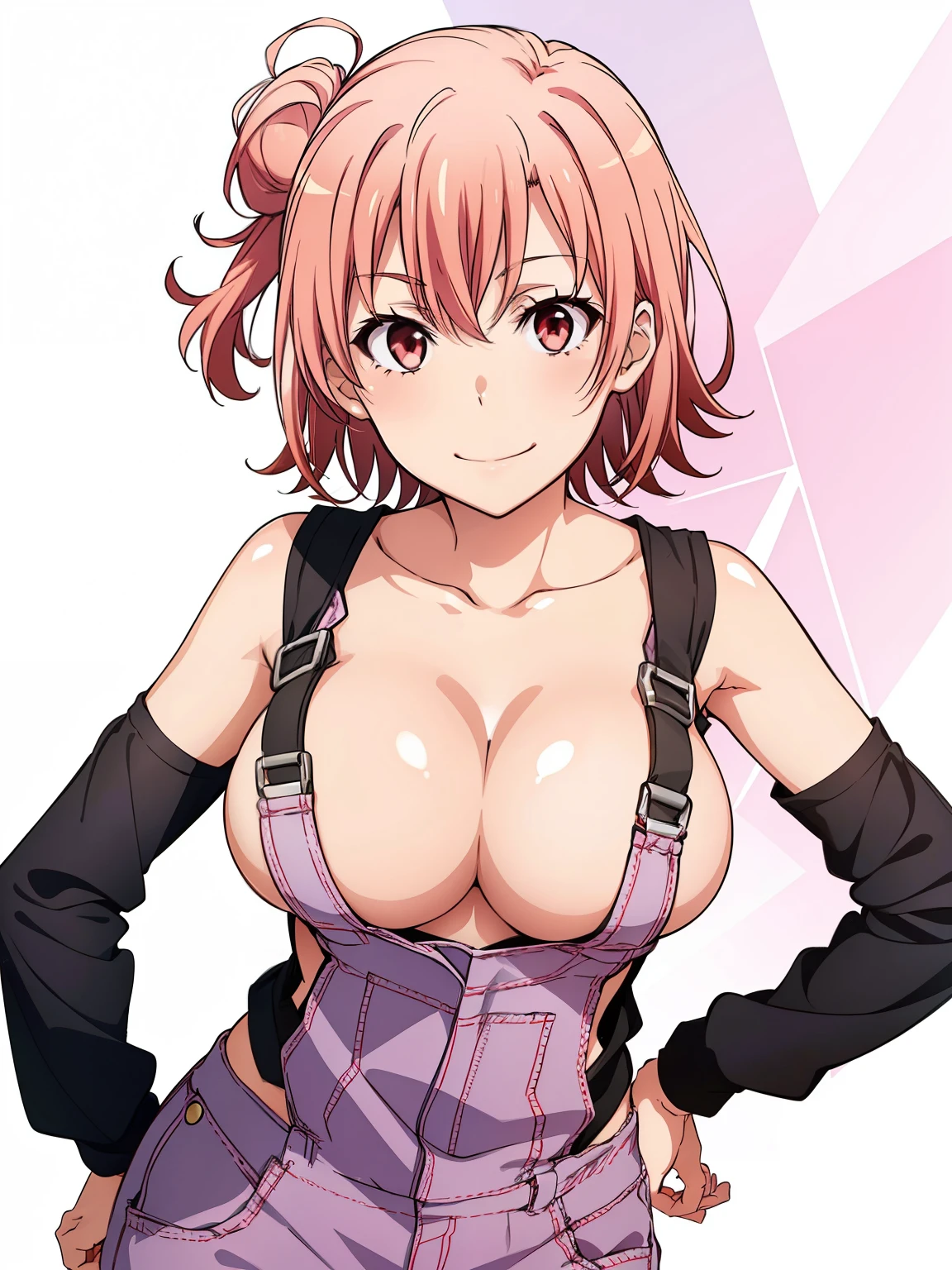 ((masutepiece, Best Quality, hight resolution, nffsw, Perfect Pixel, depth of fields, 4K, )), 1girl in, Solo, , Beautiful anime girl, Beautiful Art Style, close up, Looking at Viewer, Perfect body, Yuigahama Yui, Short hair, pink hair, hairbun, (large boob), smiling, overalls, one breast out, breast, nipple, hands on hips, blank white background, cowboy shot