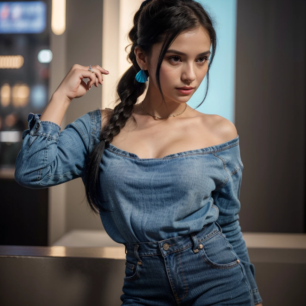 only 1 young girl (best quality, 4k, 8k, highres, masterpiece:1.2), ultra-detailed, (realistic, photorealistic, photo-realistic:1.37), portrait, wearing blue shirt, small chain on neck, black hair, hair band in ponytail, vivid colors, soft lighting, neon lights background, subtle bokeh, warm color tones, rich girl, red lipstick, earing, round neck style dress, wearing jeans pant, wearing a ring in hand