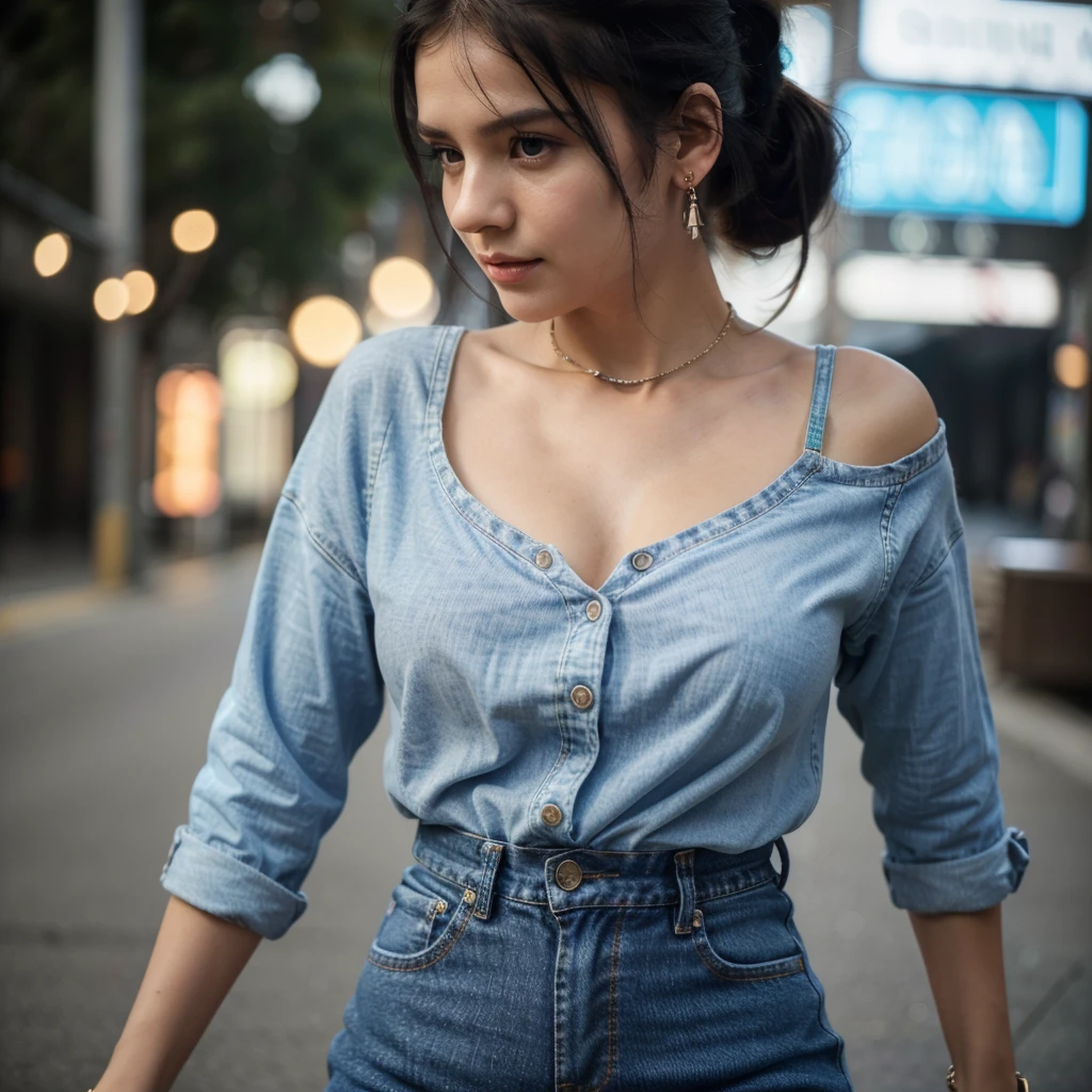 only 1 young girl (best quality, 4k, 8k, highres, masterpiece:1.2), ultra-detailed, (realistic, photorealistic, photo-realistic:1.37), portrait, wearing blue shirt, small chain on neck, black hair, hair band in ponytail, vivid colors, soft lighting, neon lights background, subtle bokeh, warm color tones, rich girl, red lipstick, earing, round neck style dress, wearing jeans pant, wearing a ring in hand