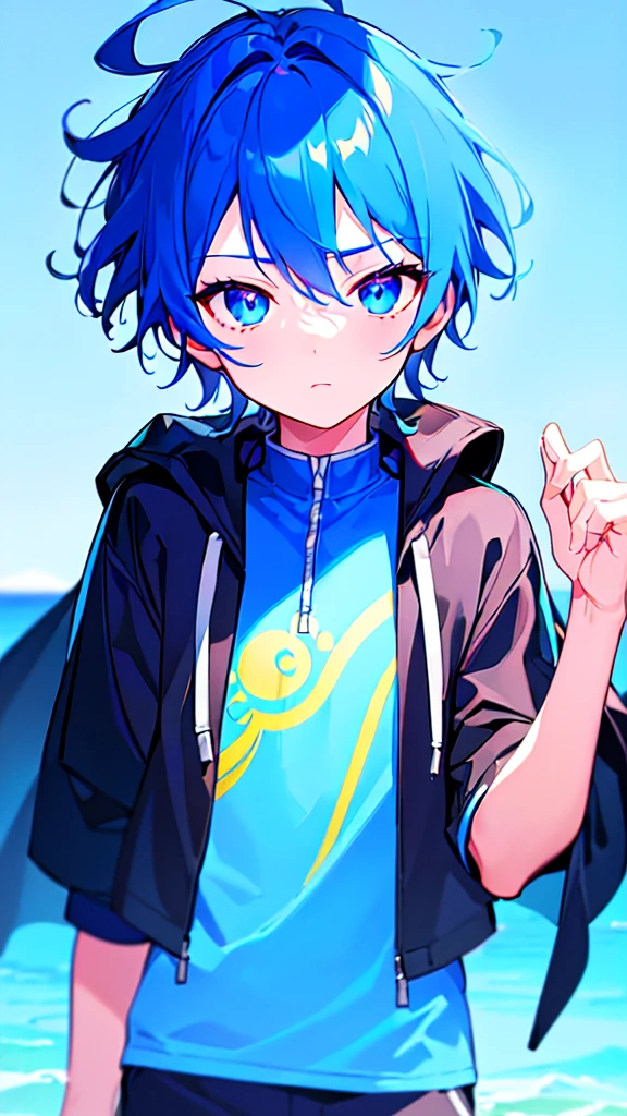 [(SKYBLUE BACKGROUND:1.5),::5], ((((masterpiece)))), high quality, ultra very high resolution, full color, (((solo))), (()), oriental deepBlue hair, (oriental deepblue eyes), anime, ((upper body)), Summer clothes, neon light, black parka, 