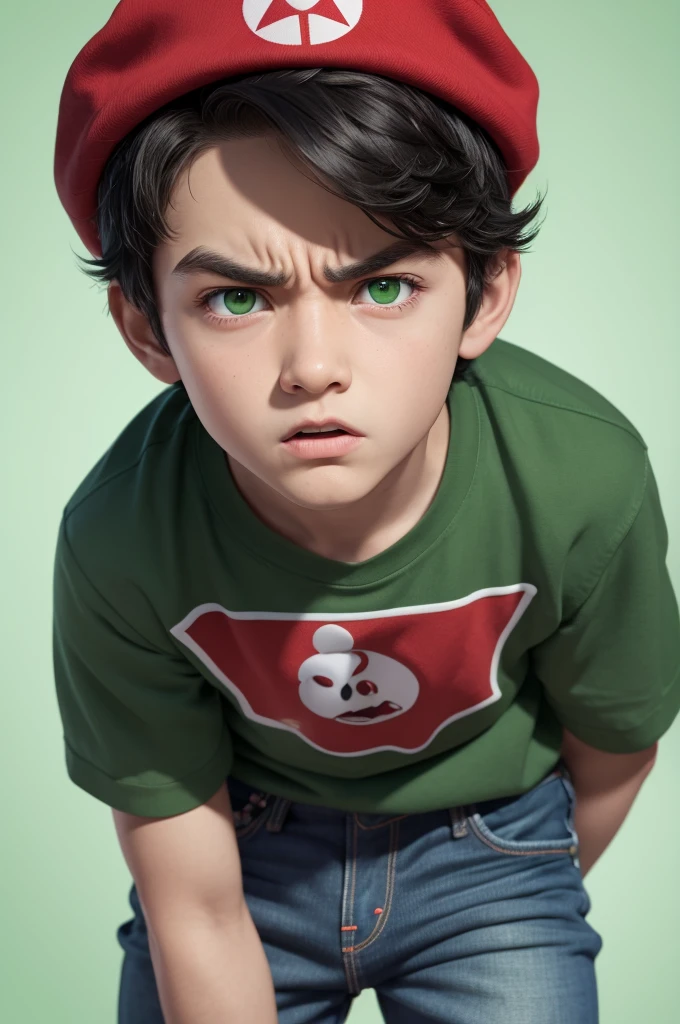 Boy character from the film amusingly, disney pixar style,3d,with black hair, green eyes, Red cap, jeans, face with angry expression, Light green skin, white background 8k quality