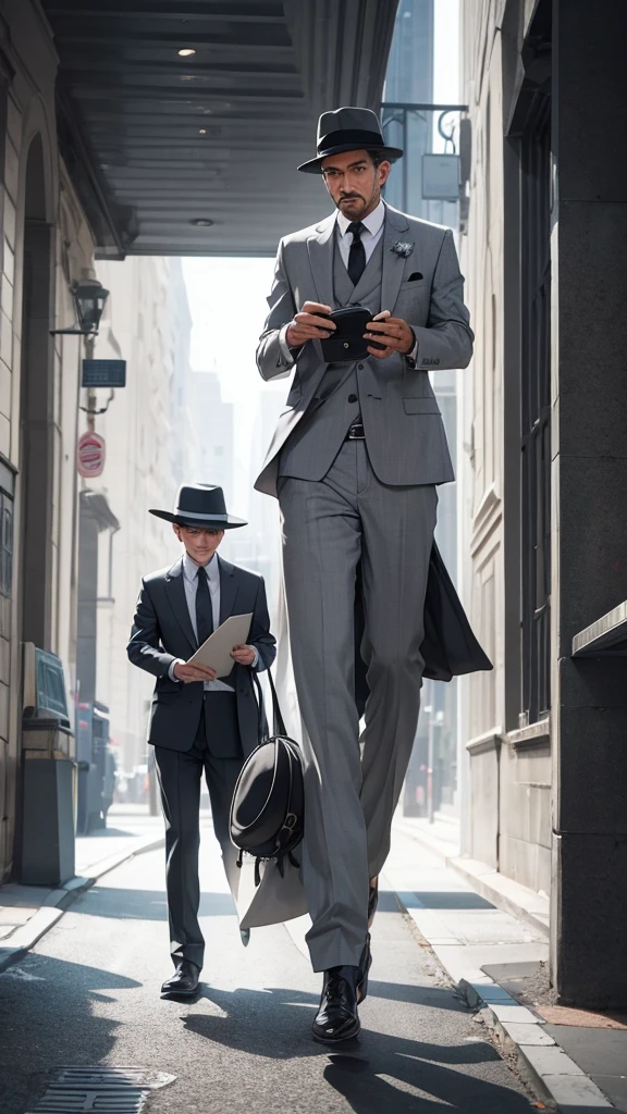 A man in a gray teeno and hat, following another man in a gray suit and hat