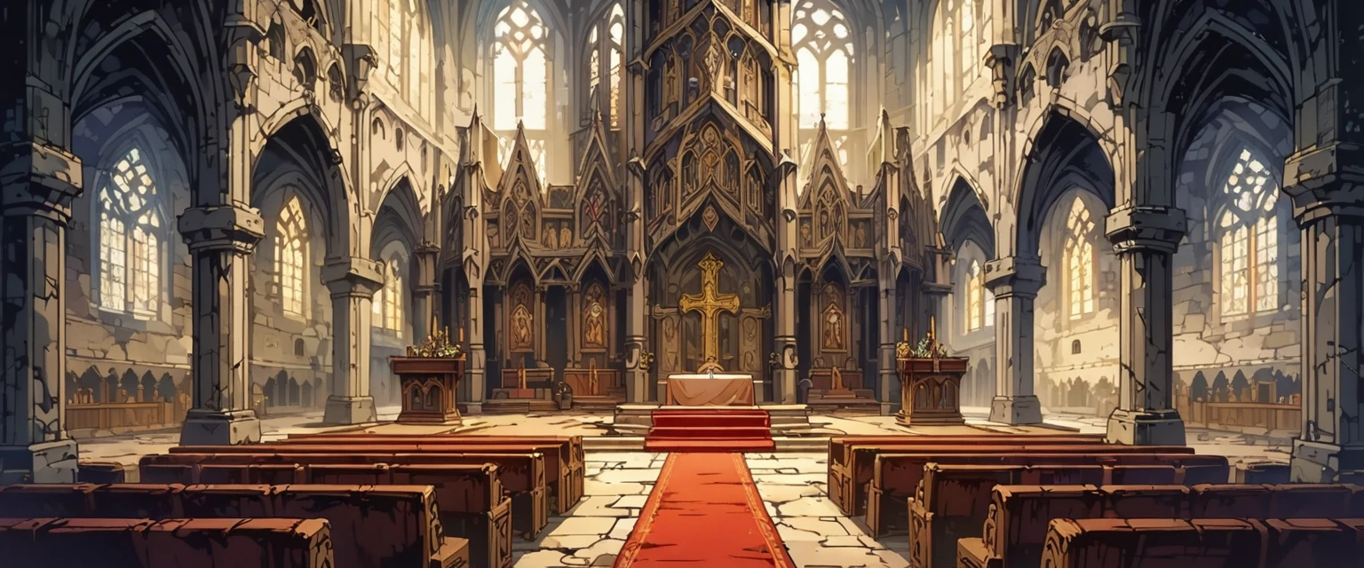 church(European medieval churches)，White Wall，Sacred and solemn environment，There is a red carpet in the middle，The seats on both sides were filled with believers praying。Mid-ground composition，Panorama pictures，Scene screen，Game concept art style，Anime illustration style，HD，4K。