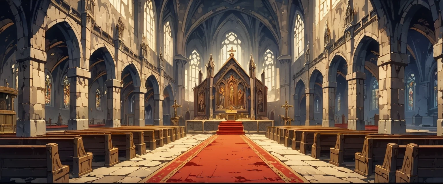 church(European medieval churches),White Wall,Sacred and solemn environment,There is a red carpet in the middle,The seats on both sides were filled with believers praying。Mid-ground composition,Panorama pictures,Scene screen,Game concept art style,Anime illustration style,HD,4K。
