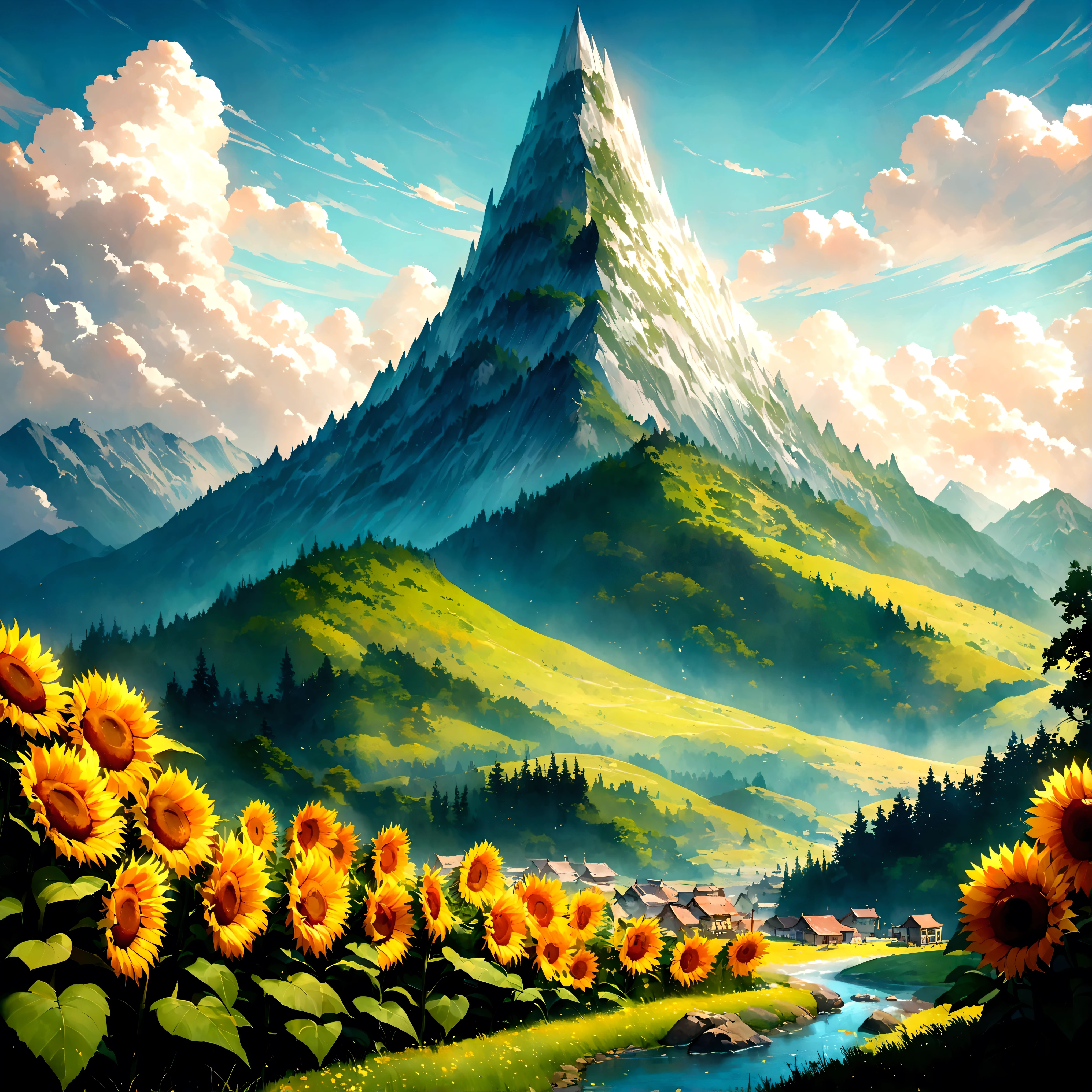 Realistic, exquisitely detailed oil painting in the style of Studio Ghibli and Hayao Miyazaki's magnificent world. Sunflowers in full bloom dot the landscape, their vibrant yellow petals contrasting against the rich greens of the mountains and the serene, blue river below. Rolling hills and towering, jagged mountains touch the sky, where white, fluffy clouds lazily drift. The warm sunlight filters through the foliage, casting dappled shadows across the terrain, bringing the scene to life with a breathtaking sense of depth and realism.