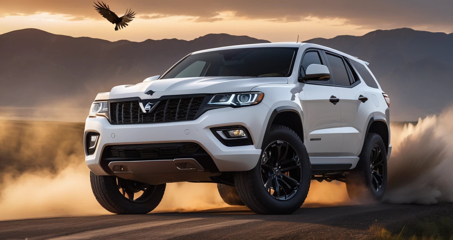 White SUV, Aesthetic, Extremely detailed, a car, Rapid acceleration on the highway, dusk,Beautiful fantasy photos,Complex details,Bird's-eye view,Car side,Amazing, Produced by WETA FX and Industrial Light & Magic, Sophisticated RTX-enhanced CGI rendering