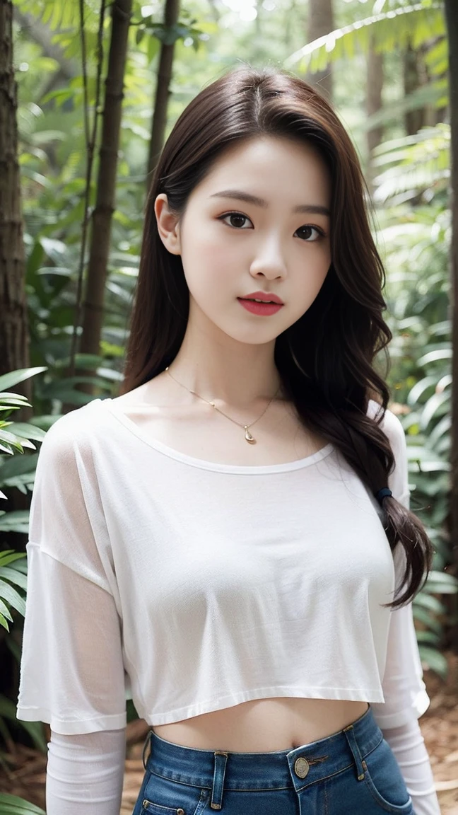 (masterpiece, Outstanding Work,4K resolution, Surreal:1.3),身穿白色和紧身Denim skirt的女孩摆姿势拍照,(Half body:1.2),t-shirt,bra,slim,(Medium bust),slim的女孩模特,24-year-old female model,(A girl in the forest:1.3),Soft Light,Detailed background,Coordinated body proportions,(Denim skirt:1.2),Close-up of face,The face is rich in detail,