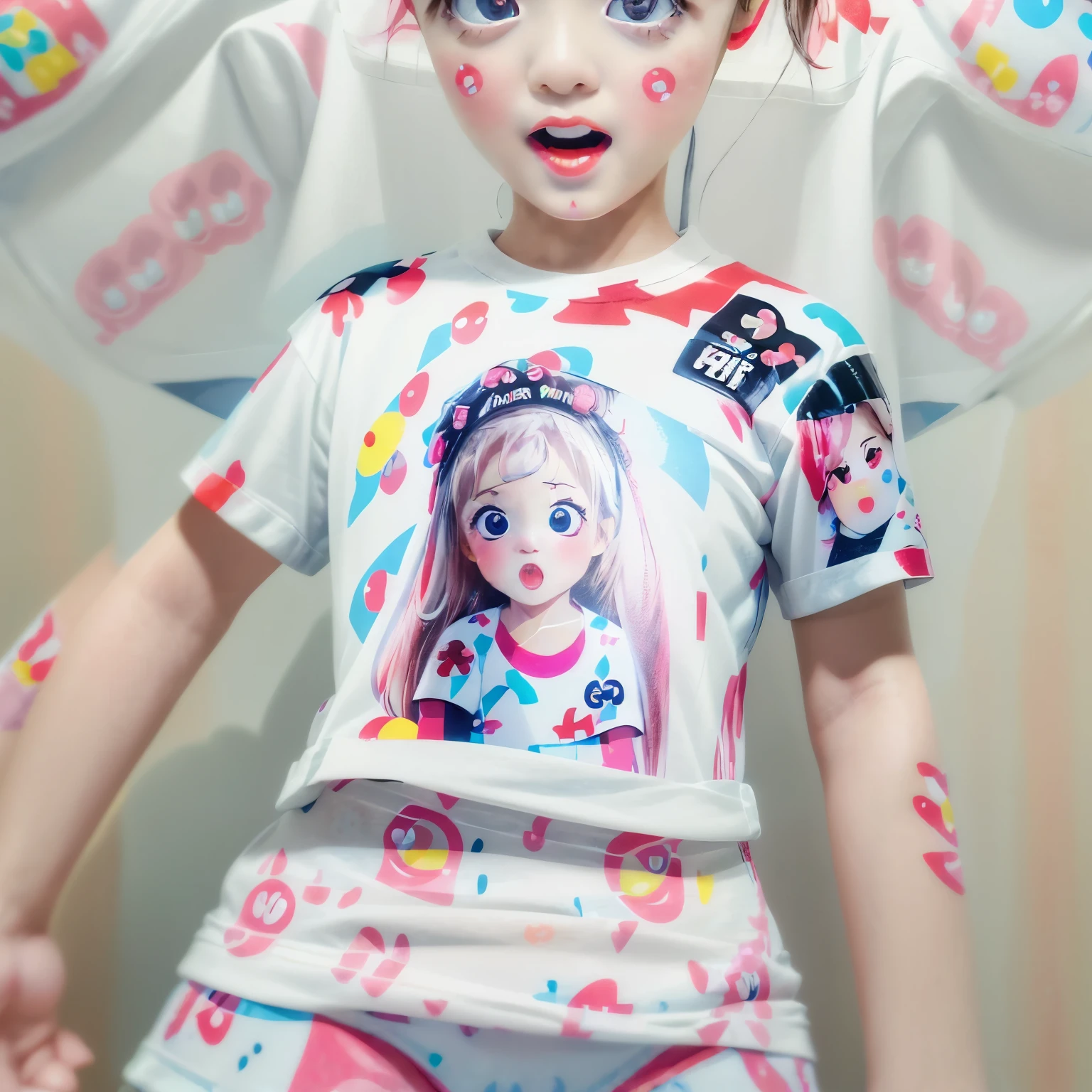 White and Bright Red, (Masterpiece 8K TopQuality:1.2) (ProfessionalPhoto:1.37) ExtremelyDetailed ((((KAWAII girl Printed on T-shirt:1.4) with "SUPER BITCH" Logo ))