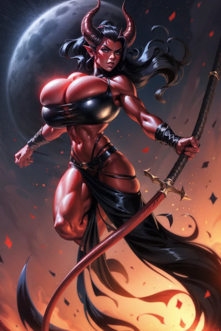 Red skin succubus tiefling, large breasts, black horns, wings, huge tail, black leather, crop top, long flowing pelvic curtain, tall, toned, graceful, thin, long black ponytail. Action scene, whip. Dark scene, explosions, night sky.
