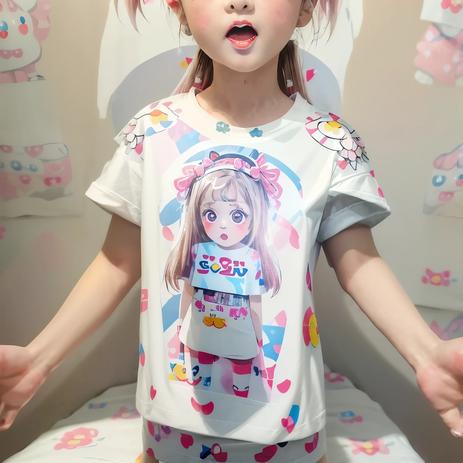 White and Bright Red, (Masterpiece 8K TopQuality:1.2) (ProfessionalPhoto:1.37) ExtremelyDetailed ((((KAWAII girl Printed on T-shirt:1.4) with "SUPER BITCH" Logo ))