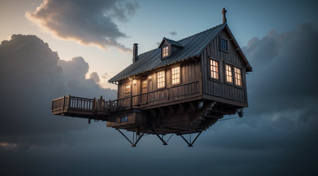 photorealistic flying house, many details, Ultra detailed, octane render, by Alexander Jansson --ar 2:1