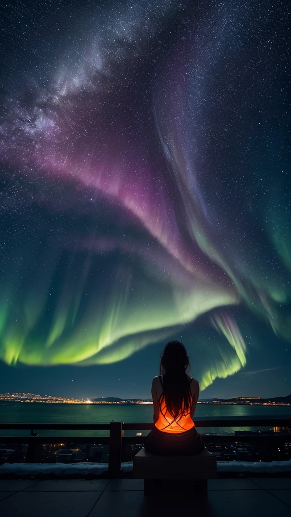 Masterpiece, best quality, 1girl, octane rendering, awards winning photography, (from distance:1.2), symmetrical, at night, sitting and staring at the sky, from behind, city, cityscape, luminous, glowing, bright city lights, full of stars, (shooting stars), colorful aurora borealis, orange clouds, silhouette , from below