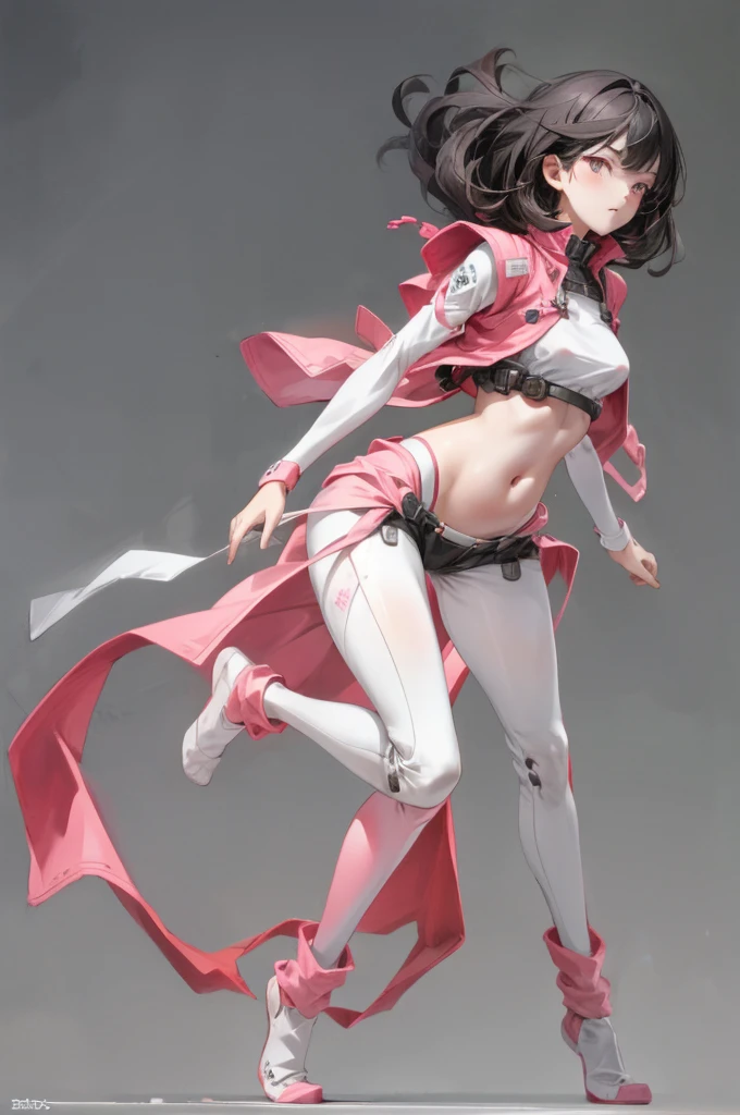 best quality, simple Details, 1 girl, Medium hair, black hair, pinke Highlights, White eyes, simple background, full body, Belly-free,