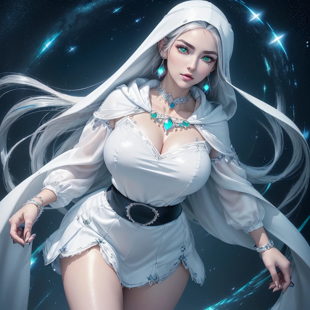 Image ((full body)),realistic 3D anime style,((of a beautiful woman with snow white skin)), wearing a long white hooded cloak (((covering her head up to her forehead ))),((( two long strands of iridescent white hair on each side of her head))),(((detailed face, cymetric))),(((s-shaped eyebrows))),((Beautyfull eyes glowing )),(((One eye blue))) and the (((other eye green))), (((well detailed eyes))),((full lips)),(beautyfull lips), (((body with nice curves))),((( very large breasts))), (((narrow waist))),(((thick thighs) )),((dressed in a long-sleeved blouse, qipao collar)), (((earrings, necklace and bracelets all made of sparkling crystal))),((white gloves with cuff)),((short skirt with sash , decorated with fine intricate details)), ((white ankle boots with lapels and laces, knee length)),(( long stockings up to the middle of the thighs)),(((standing in the middle of a long field, full sorrounded by blue glowing flowers))), (((in a beatyfull night ,whith Stars falling from the sky ))),((masterpiece)),((high quality)), (( extremely detailed image)), 8k resolution