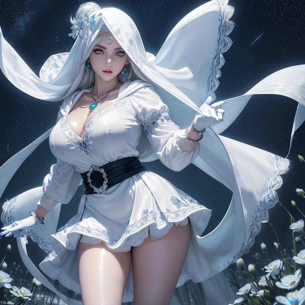 Image ((full body)),realistic 3D anime style,((of a beautiful woman with snow white skin)), wearing a long white hooded cloak (((covering her head up to her forehead ))),((( two long strands of iridescent white hair on each side of her head))),(((detailed face, cymetric))),(((s-shaped eyebrows))),((Beautyfull eyes glowing )),(((One eye blue))) and the (((other eye green))), (((well detailed eyes))),((full lips)),(beautyfull lips), (((body with nice curves))),((( very large breasts))), (((narrow waist))),(((thick thighs) )),((dressed in a long-sleeved blouse, qipao collar)), (((earrings, necklace and bracelets all made of sparkling crystal))),((white gloves with cuff)),((short skirt with sash , decorated with fine intricate details)), ((white ankle boots with lapels and laces, knee length)),(( long stockings up to the middle of the thighs)),(((standing in the middle of a long field, full sorrounded by blue glowing flowers))), (((in a beatyfull night ,whith Stars falling from the sky ))),((masterpiece)),((high quality)), (( extremely detailed image)), 8k resolution