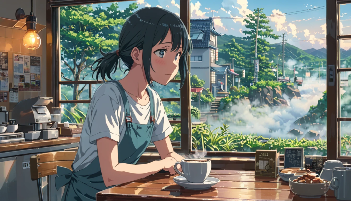 ((Anime: 1.4, Illustration)), (Masterpiece, Top Quality, Best Quality), (Ultra-Detailed, Absolutely Resolution), ((16k, HIGH RES)) (Outdoors shrouded in morning mist, a mellow morning coffee shop), ( Anime: 1.4, Illustration)), (Masterpiece, Top Quality, Best Quality), (Ultra-Detailed, Absolutely Resolution). Ak {Lofi Art, Style of Laurie Greasley, Style of Makoto Shinkai, Anime Aesthetic}, BREAK {(Produces IMAGES WITH ITH INFORMATION THAN 40 Million Pixels with Cinematic-Like Detailed Textures S Hot on a Sony slur).}