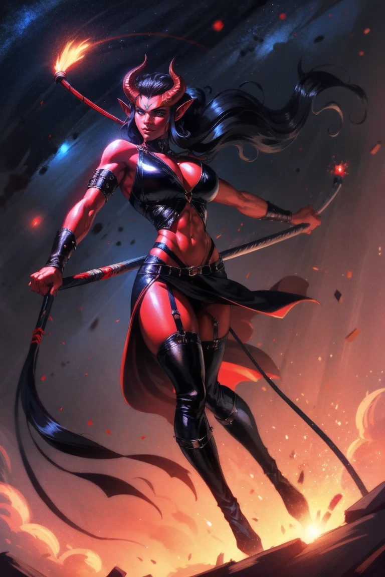 Red skin succubus tiefling, medium breasts, black horns, wings, huge tail, black leather, crop top, long flowing pelvic curtain, tall, toned, graceful, thin, long black ponytail. Action scene, whip. Dark scene, explosions, night sky.
