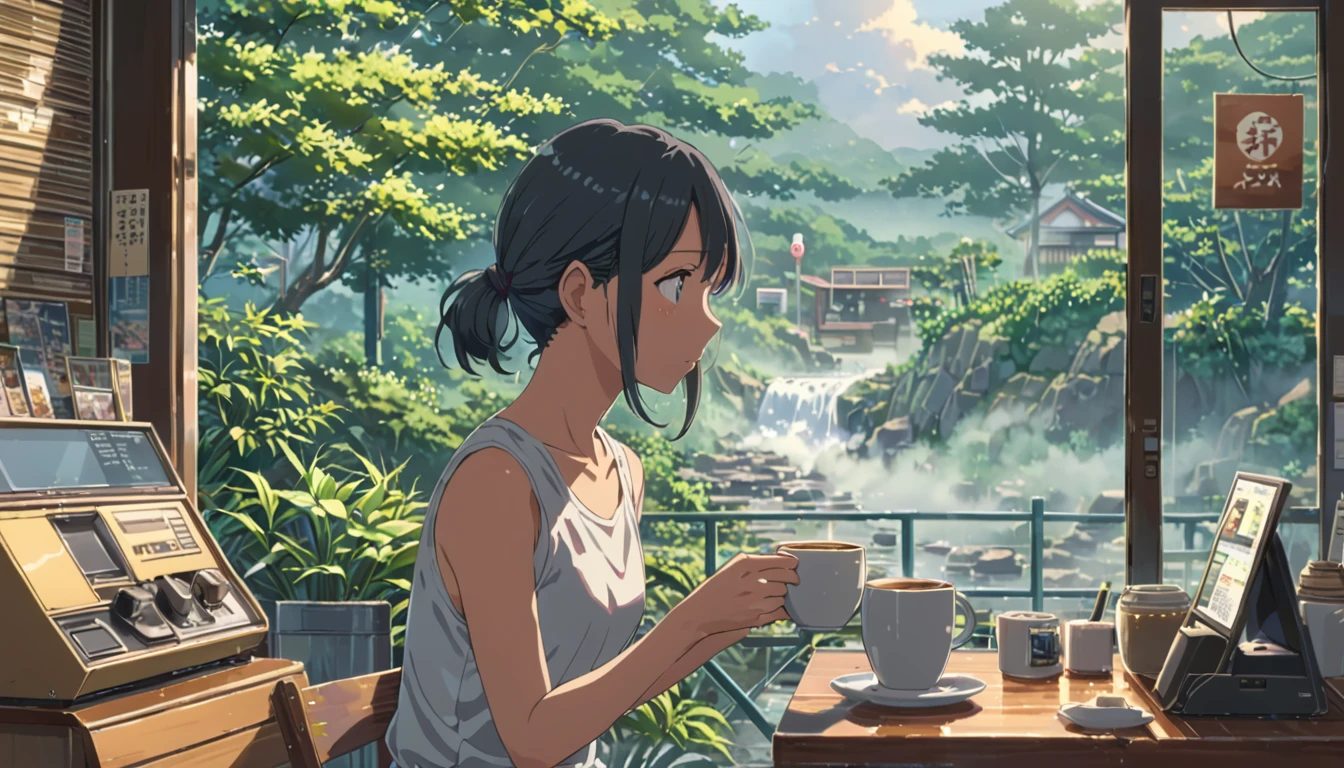 ((Anime: 1.4, Illustration)), (Masterpiece, Top Quality, Best Quality), (Ultra-Detailed, Absolutely Resolution), ((16k, HIGH RES)) (Outdoors shrouded in morning mist, a mellow morning coffee shop), ( Anime: 1.4, Illustration)), (Masterpiece, Top Quality, Best Quality), (Ultra-Detailed, Absolutely Resolution). Ak {Lofi Art, Style of Laurie Greasley, Style of Makoto Shinkai, Anime Aesthetic}, BREAK {(Produces IMAGES WITH ITH INFORMATION THAN 40 Million Pixels with Cinematic-Like Detailed Textures S Hot on a Sony slur).}