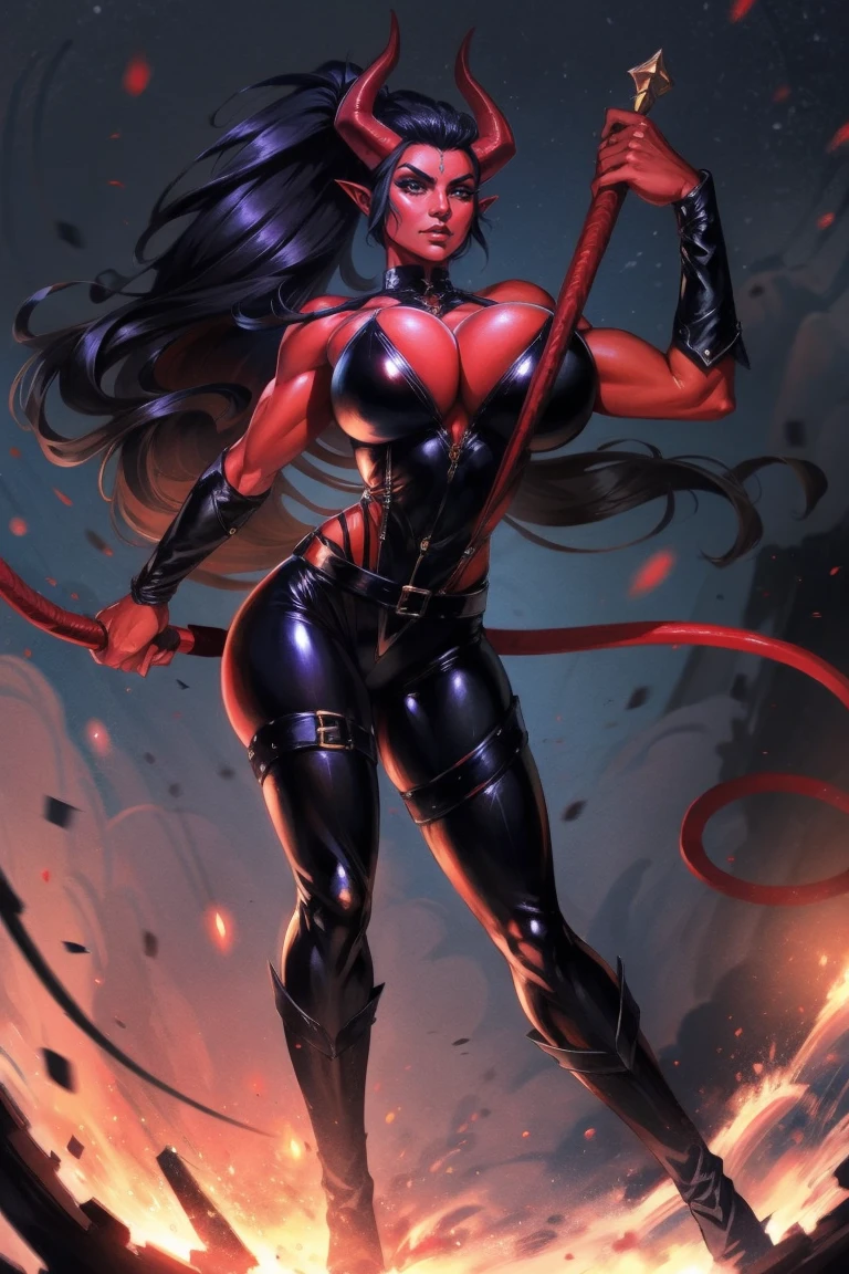Red skin succubus tiefling, medium breasts, black horns, wings, huge tail, black leather, tall, toned, graceful, thin, long black ponytail. Action scene, whip. Dark scene, explosions, night sky.