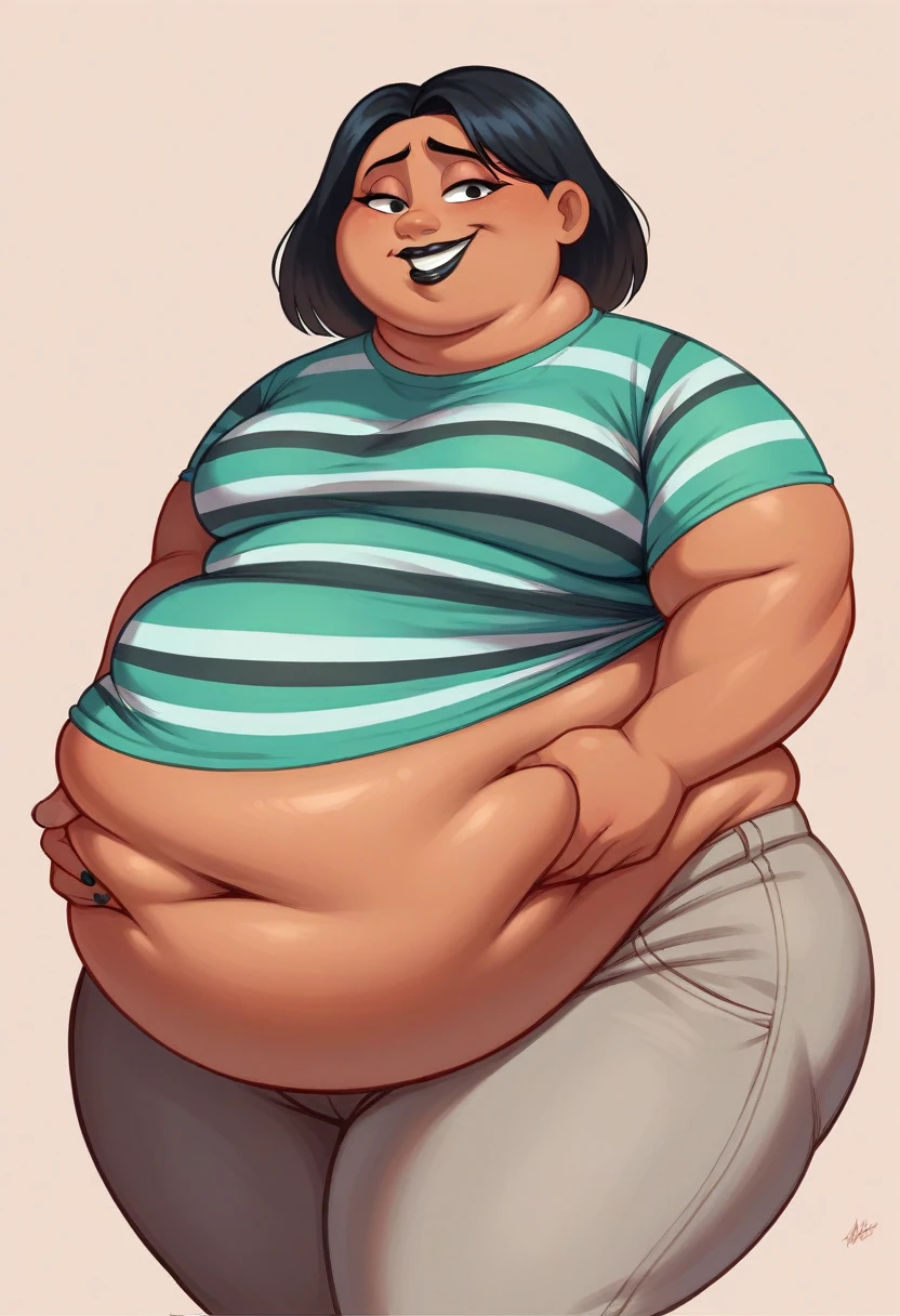 Fat obese, sssbbw, gluttony, high school girl, pixar animated, toothy grin, grabbing belly, Masterpiecev10, Extremely detailed, belly hanging out, sexy, sensual, black striped shirt, black lipstick, black hair, tan skin