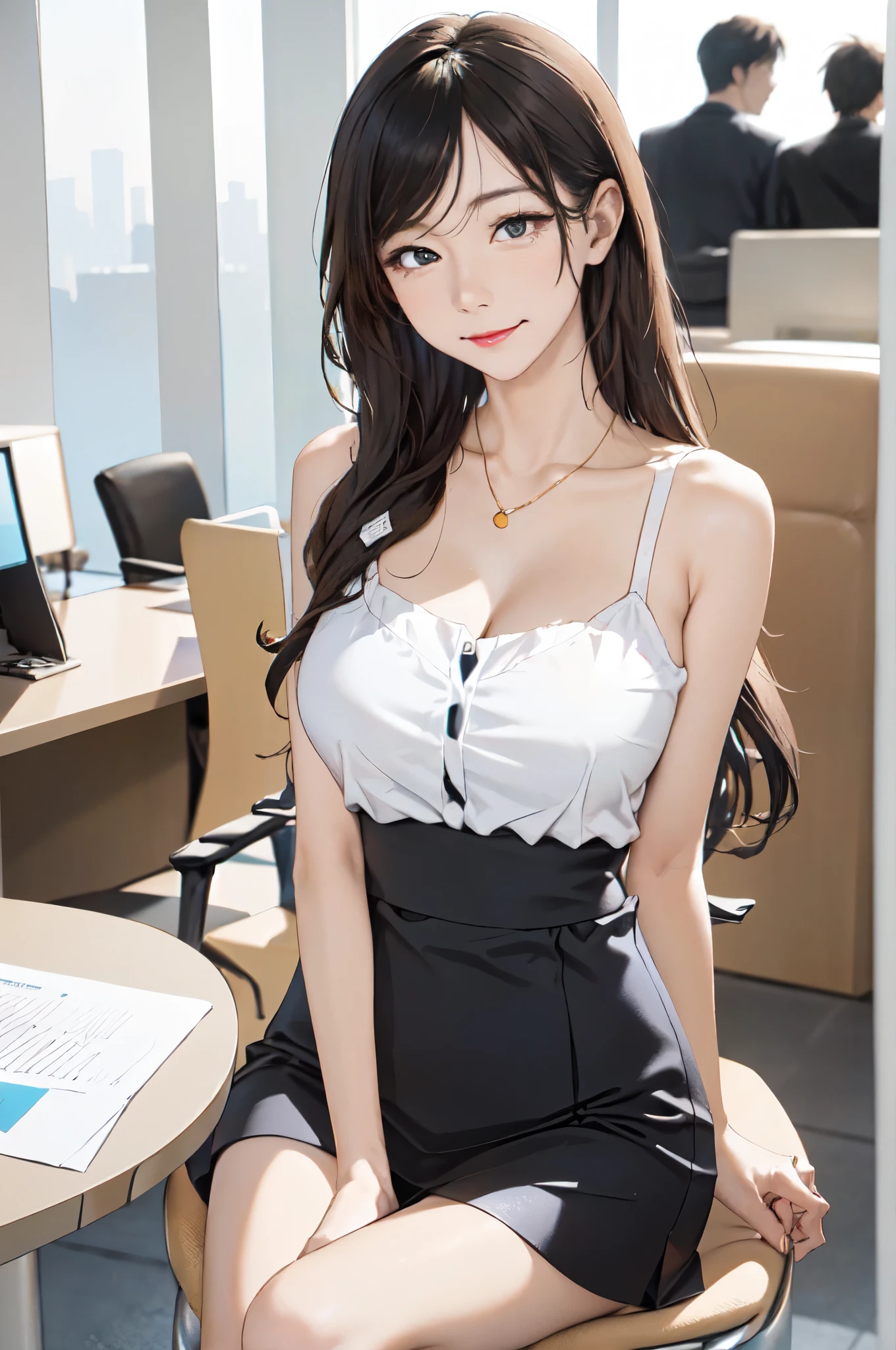 1lady sitting, holding a coffee cup, office worker outfit, /(id card lanyard/), mature female, /(black hair/) bangs, (masterpiece best quality:1.2) delicate illustration ultra-detailed, large breasts BREAK /(modern office indoors/), window skyscraper