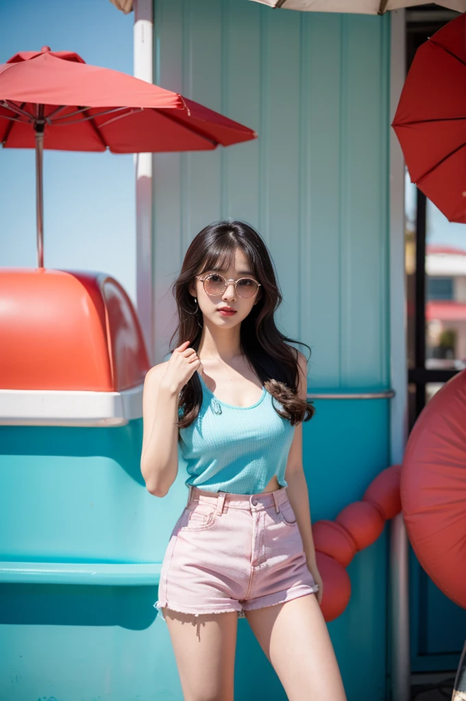 Summer hot girl outfit,american retro style,To wear fashion,Here are a few points you can try::Selection of color:American retro style is usually dominated by bright colors,Like red、blue or。You can choose light colors in summer,Such as light blue、Pink or white,It fits the summer atmosphere,It can also show retro charm。