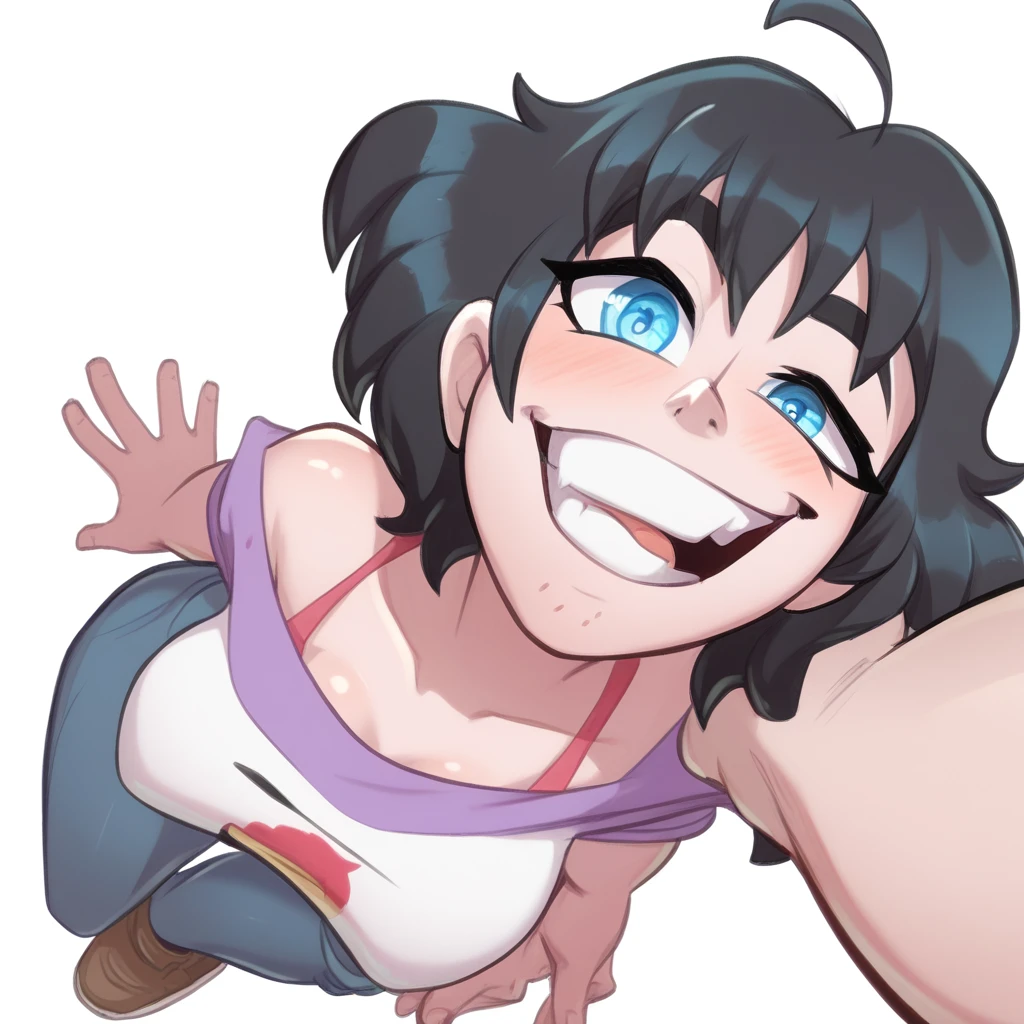 Ralph Bakshi Style, gesugao, Curvy blue eyed girl with long wavy black hair and small breasts standing over viewer, (extreme nsfw), lewd:3.0, (downward camera angle), (full-body-shot pov), (pubic_stubble):4.0