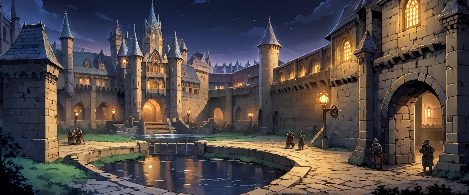 A castle(Royal Palaces of Medieval Europe)，The castle is surrounded by a moat，There are soldiers guarding both sides of the city gate.，Background is night，Night view。Mid-ground composition，Panorama pictures，Scene screen，Game concept art style，Anime illustration style，HD，4K。