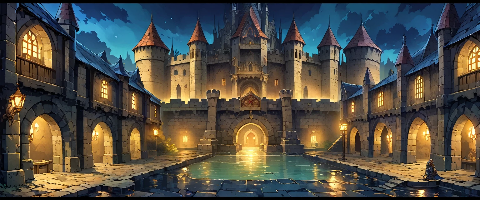 A castle(Royal Palaces of Medieval Europe),The castle is surrounded by a moat,There are soldiers guarding both sides of the city gate.,Background is night,Night view。Mid-ground composition,Panorama pictures,Scene screen,Game concept art style,Anime illustration style,HD,4K。