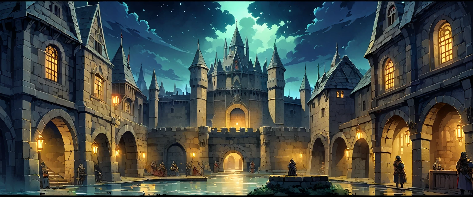 A castle(Royal Palaces of Medieval Europe)，The castle is surrounded by a moat，There are soldiers guarding both sides of the city gate.，Background is night，Night view。Mid-ground composition，Panorama pictures，Scene screen，Game concept art style，Anime illustration style，HD，4K。