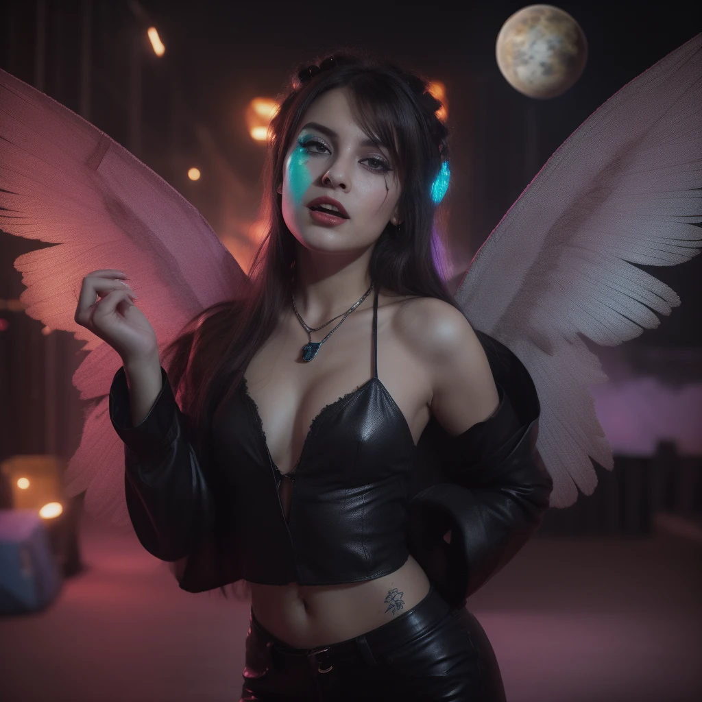 “Mumta, with iridescent wings that shimmer like stardust, prowls the neon-lit stages of distant planets. Her voice, a haunting blend of melancholy and rebellion, echoes through asteroid-filled arenas. Dressed in tattered leather and adorned with cosmic tattoos, she belts out lyrics that speak of love lost across galaxies. Fangs peek out from her crimson lips as she croons, captivating both mortals and extraterrestrials alike.” 🌟🎤🌌