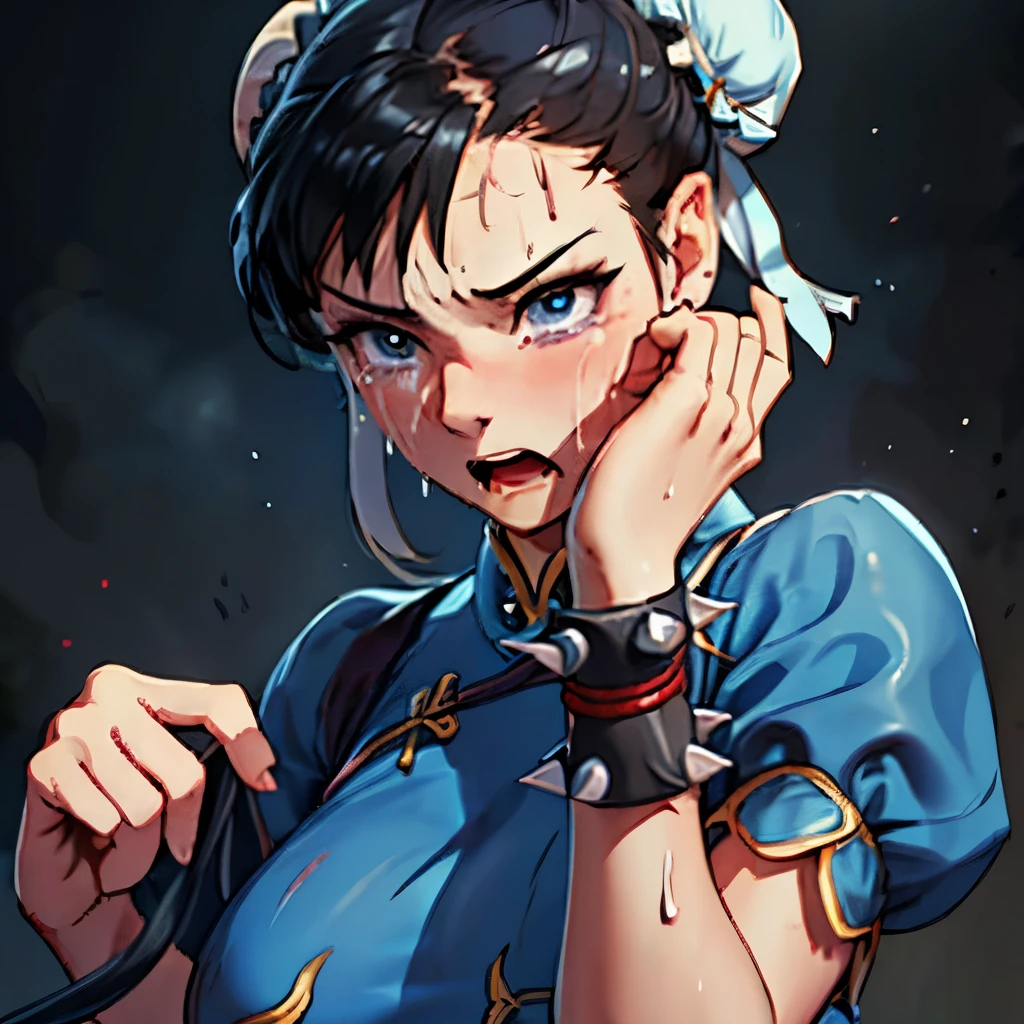 The best masterpieces, ultra-quality, ultra-detailliert, 超A high resolution, Illustration, Dim lighting, Photo, 8K, 1girl in, Outrageously beautiful and cute, Sweaty skin,(, Shy), Chun-Li, SF2CL,hair buns, covered buns, chinese dress, qipao, blue outfit, spiked bracelets, puffy sleeves,Face full of scars、dameged face,Skin shiny with sweat、 injured scared girl、 crying wet bursting out eyes, real tears streaming down face, ultra-detailed eyes,bandaid on face,covered with mud,expression of despair,Illumination that emphasizes shiny sweat{{{Spread }}},(crotch rope walking:1.0)