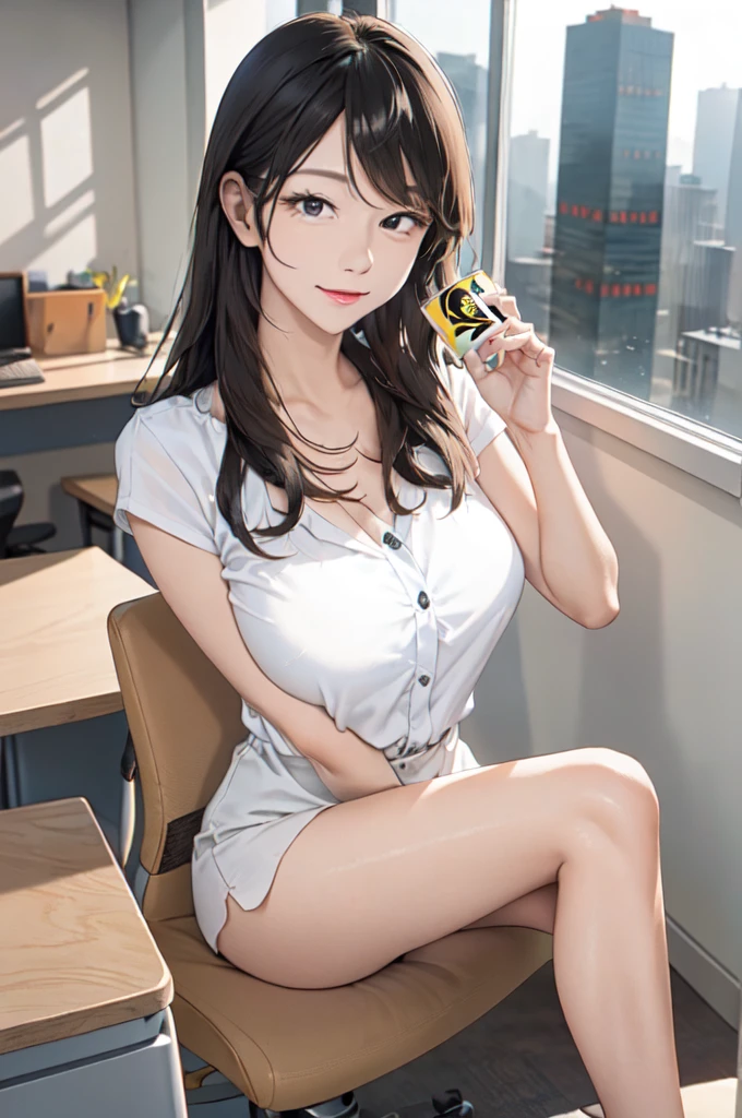 1lady sitting, holding a coffee cup, office worker outfit, /(id card lanyard/), mature female, /(black hair/) bangs, (masterpiece best quality:1.2) delicate illustration ultra-detailed, large breasts BREAK /(modern office indoors/), window skyscraper