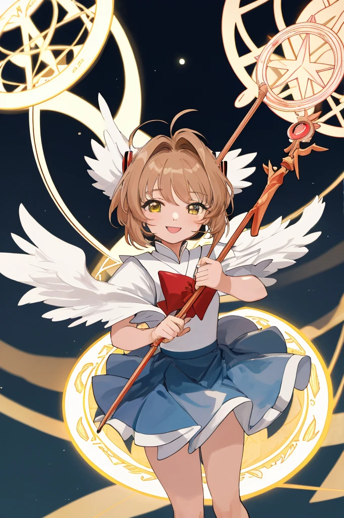 An anime girl,master piece,high quality,short hair, skirt, cardcaptor sakura,magic circle,smile,in city,night,fullmoon,