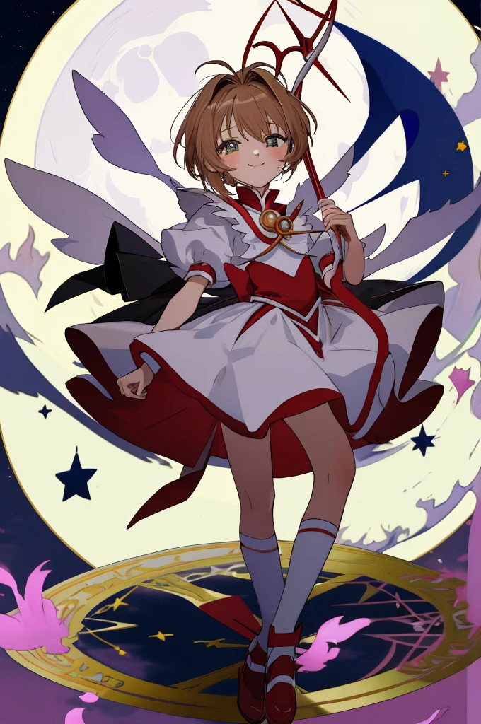 An anime girl,master piece,high quality,short hair, skirt, cardcaptor sakura,magic circle,smile,in city,night,fullmoon,