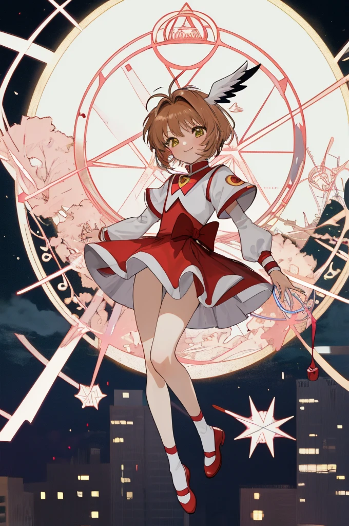 An anime girl,master piece,high quality,short hair, skirt, cardcaptor sakura,magic circle,smile,in city,night,fullmoon,