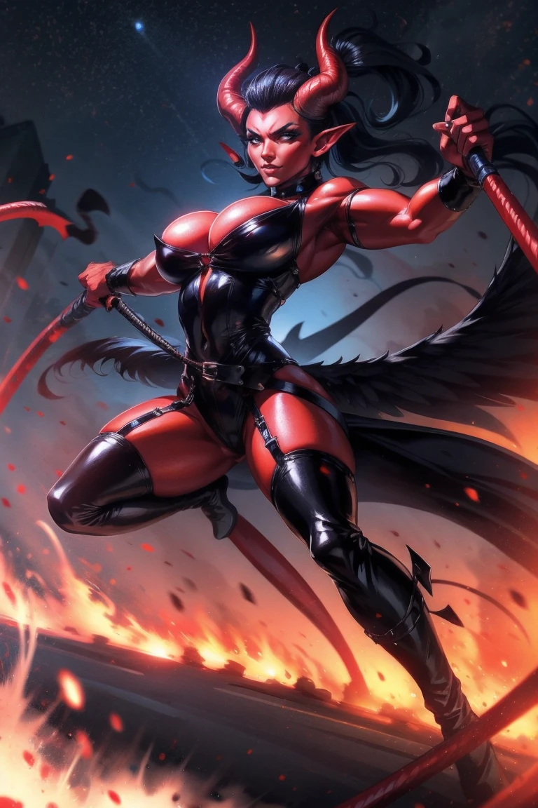 Red skin succubus tiefling, medium breasts, black horns, wings, huge tail, black leather, tall, toned, graceful, thin, long black ponytail. Action scene, whip. Dark scene, explosions, night sky.