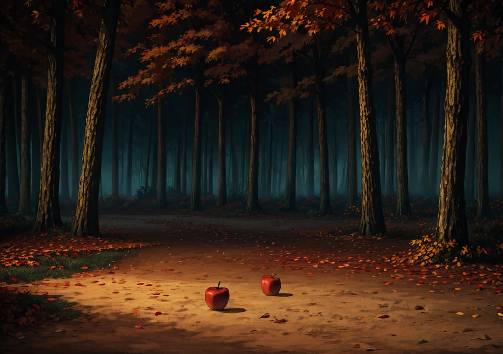 forest, autumn, 2D, dark environment, dry leaves, apple falling on the ground, dark night