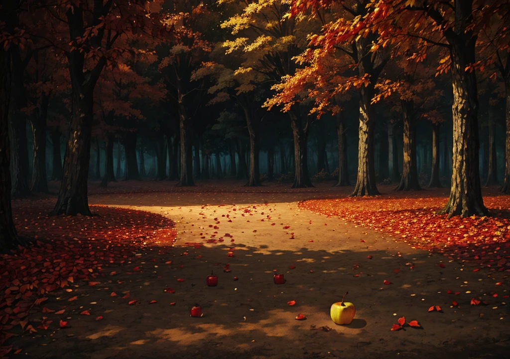 forest, autumn, 2D, dark environment, dry leaves, apple falling on the ground, dark night